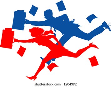 vector silhouette graphic depicting business people racing (woman wins)