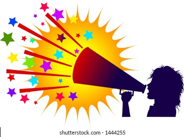 vector silhouette graphic depicting a cheerleader with a megaphone with colorful background (concept: advertise)