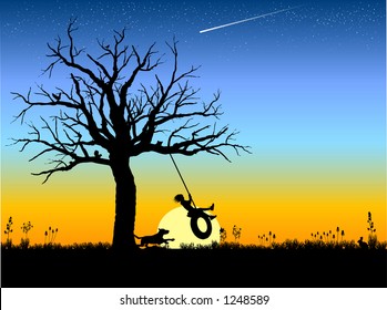 vector silhouette graphic depicting a child playing on a tire swing