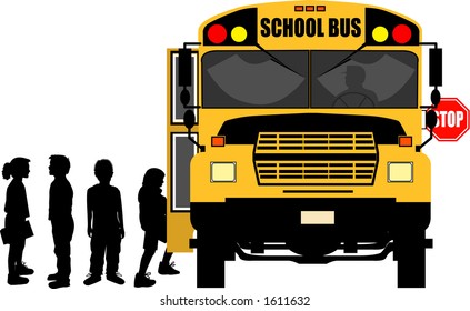 Vector Silhouette Graphic Depicting Children Boarding A School Bus (concept: School Days)