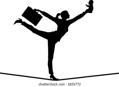 vector silhouette graphic depicting concept: woman balancing work and home