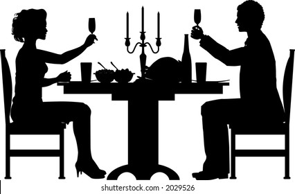 vector silhouette graphic depicting a couple proposing a toast before (Thanksgiving) dinner