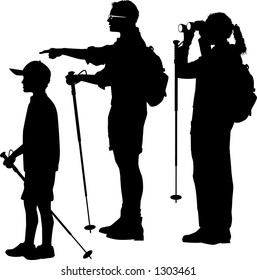 vector silhouette graphic depicting a family of hikers (B&W)