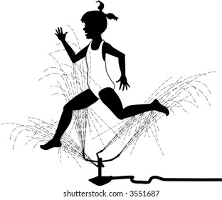 vector silhouette graphic depicting a girl jumping over a lawn sprinkler (concept: summer fun)