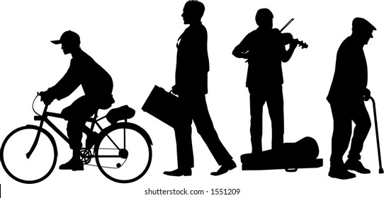 vector silhouette graphic depicting a group of urban sidewalk people