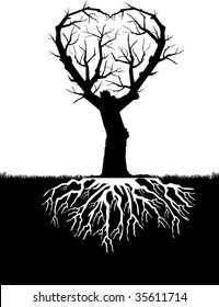 Vector silhouette graphic depicting a heart-shape tree and roots