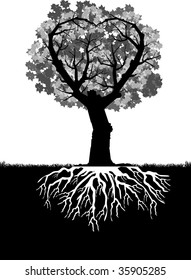 Vector silhouette graphic depicting a heart-shape tree with roots and leaves