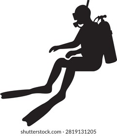 Vector silhouette graphic depicting an individual equipped with a mask, snorkel, oxygen tank, and fins, poised for an aquatic adventure.