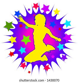 vector silhouette graphic depicting a jumping person on colorful background