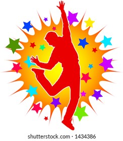 vector silhouette graphic depicting a leaping person on a colorful background