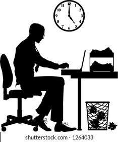 Vector silhouette graphic depicting a male office worker, typing