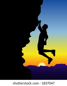 vector silhouette graphic depicting a man rock climbing