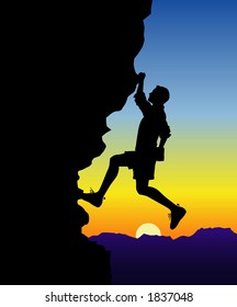 vector silhouette graphic depicting a man rock climbing