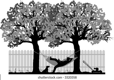 vector silhouette graphic depicting a man resting in a backyard hammock