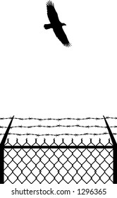 vector silhouette graphic depicting a prison fence with an soaring eagle (black and white)