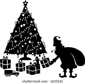 vector silhouette graphic depicting Santa leaving Christmas gifts