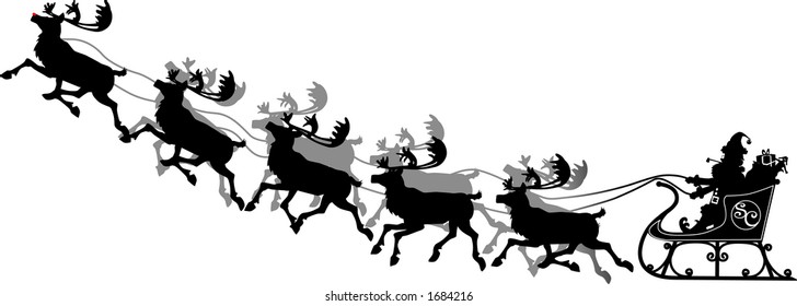 vector silhouette graphic depicting Santa in his sleigh with his reindeer