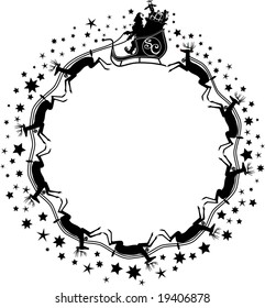 vector silhouette graphic depicting  Santa Claus, sleigh, reindeer and stars