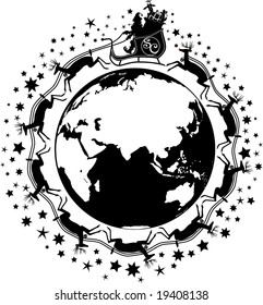 vector silhouette graphic depicting  Santa Claus, reindeer, globe and stars