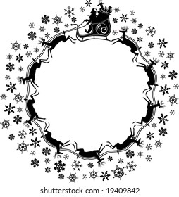 vector silhouette graphic depicting  Santa Claus, sleigh, reindeer and snowflakes