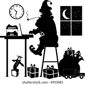 vector silhouette graphic depicting Santa Claus, at his laptop, making a list