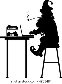 vector silhouette graphic depicting Santa Claus, at his laptop, making a list