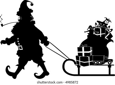 vector silhouette graphic depicting Santa Claus pulling a sled of Christmas gifts