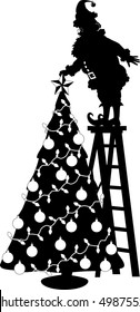 vector silhouette graphic depicting Santa Claus placing a star on a Christmas tree