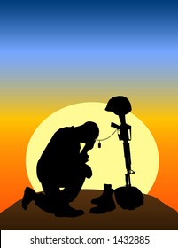 vector silhouette graphic depicting a soldier kneeling at a memorial to fallen comrade with sunset background