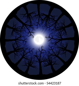 vector silhouette graphic depicting spooky, scary trees at night with a full moon