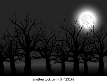 vector silhouette graphic depicting spooky, scary trees at night with a full moon