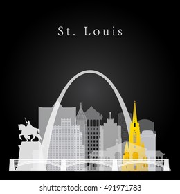 Vector silhouette graphic depicting the St. Louis white and yellow skyline on black background.