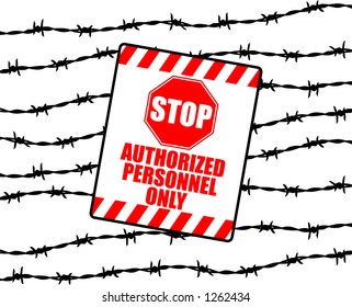 vector silhouette graphic depicting strands of barbed wire with warning sign