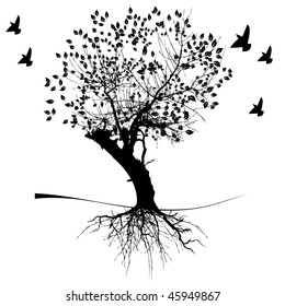   Vector silhouette graphic depicting a tree and roots