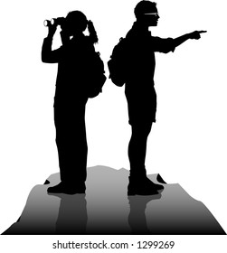 vector silhouette graphic depicting a two hikers at a scenic overlook (B&W)