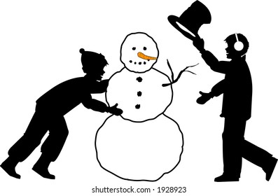 vector silhouette graphic depicting two boys building snowman