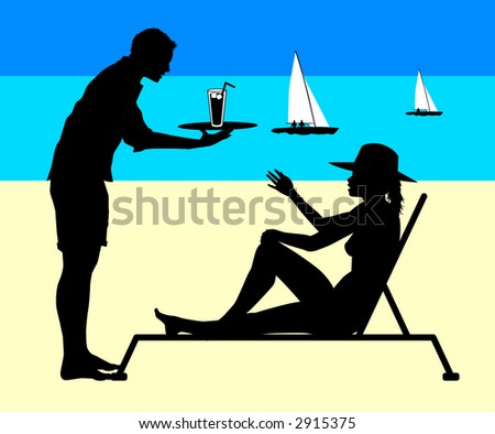 vector silhouette graphic depicting a waiter serving a woman a drink (concept: vacation)