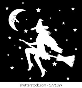 vector silhouette graphic depicting a witch on her broom (concept: Halloween)