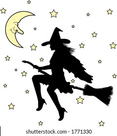 vector silhouette graphic depicting a witch on her broom (concept: Halloween)