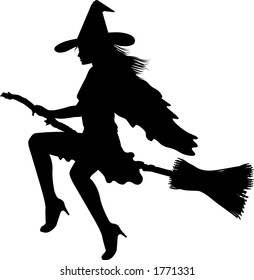 vector silhouette graphic depicting a witch on her broom (concept: Halloween)