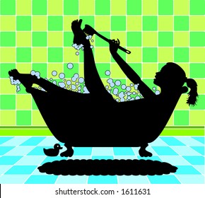vector silhouette graphic depicting a woman taking a bubble bath