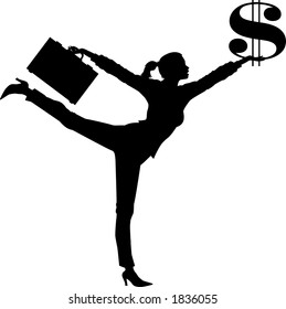 vector silhouette graphic depicting a woman holding a dollar symbol (concept: higher salary)