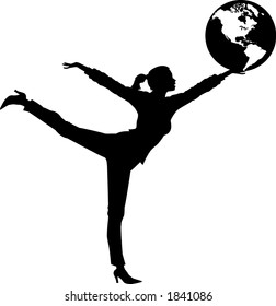 vector silhouette graphic depicting a woman balancing a globe in her hand