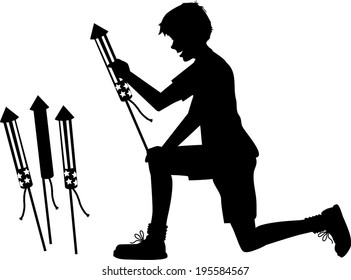 vector silhouette graphic illustration depicting a boy with bottle sky rocket fireworks