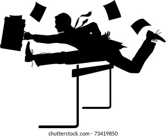 vector silhouette graphic illustration depicting a businessman jumping over a hurdle