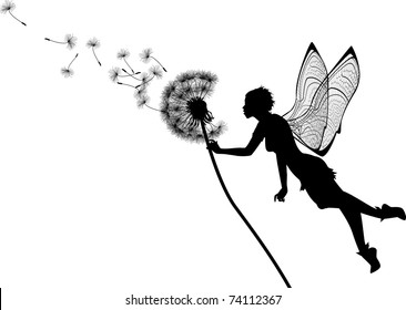 vector silhouette graphic illustration depicting a dandelion and a fairy