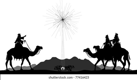 Vector Silhouette Graphic Illustration Depicting The Three Wise Men On Camels Following The Shining Star Of Bethlehem