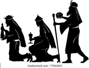 Vector Silhouette Graphic Illustration Depicting The Three Wise Men Offering Gifts