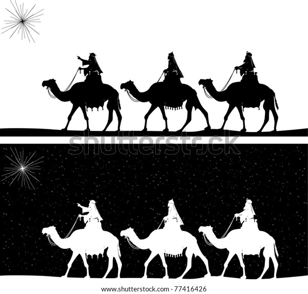 ベツレヘムの輝く星に続くラクダの3人の賢者を描いたベクターシルエットグラフィックイラスト のベクター画像素材 ロイヤリティフリー