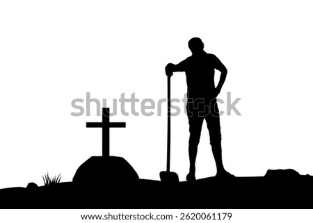 Vector silhouette of a grave digger standing with a shovel next to a grave.